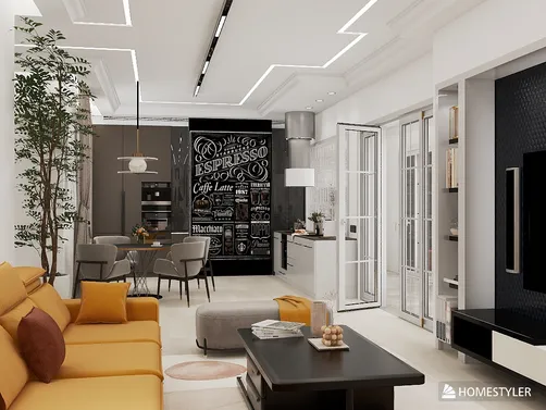 cozy living room with modern furniture layout in contemporary style featuring a spacious ambiance with a focus on open-plan living, utilizing Homestyler's real-time 3D rendering for effective interior design visualization.