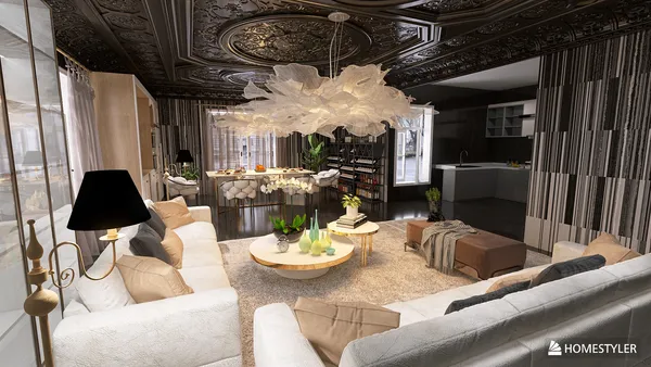 luxurious living room with elegant furniture arrangement showcasing a modern style and spacious layout using Homestyler's real-time 3D rendering feature.