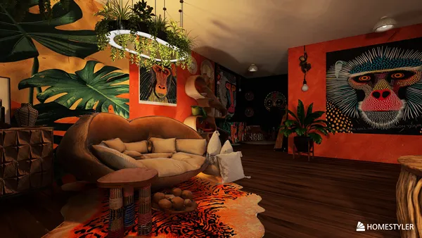 Colorful indoor living room design featuring a unique seating area and vibrant wall art, showcasing a lively bohemian style, enhanced by Homestyler's real-time 3D rendering feature.