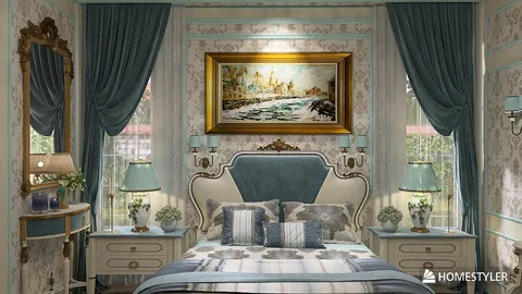 luxurious bedroom design featuring elegant furnishings and floral wallpaper, showcasing a cozy atmosphere enhanced by real-time 3D rendering in Homestyler