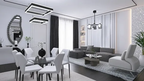 Modern living room interior featuring an elegantly designed dining area with a round table and stylish chairs, showcasing a minimalist style that enhances spatial value, utilizing Homestyler's real-time 3D rendering functionality.