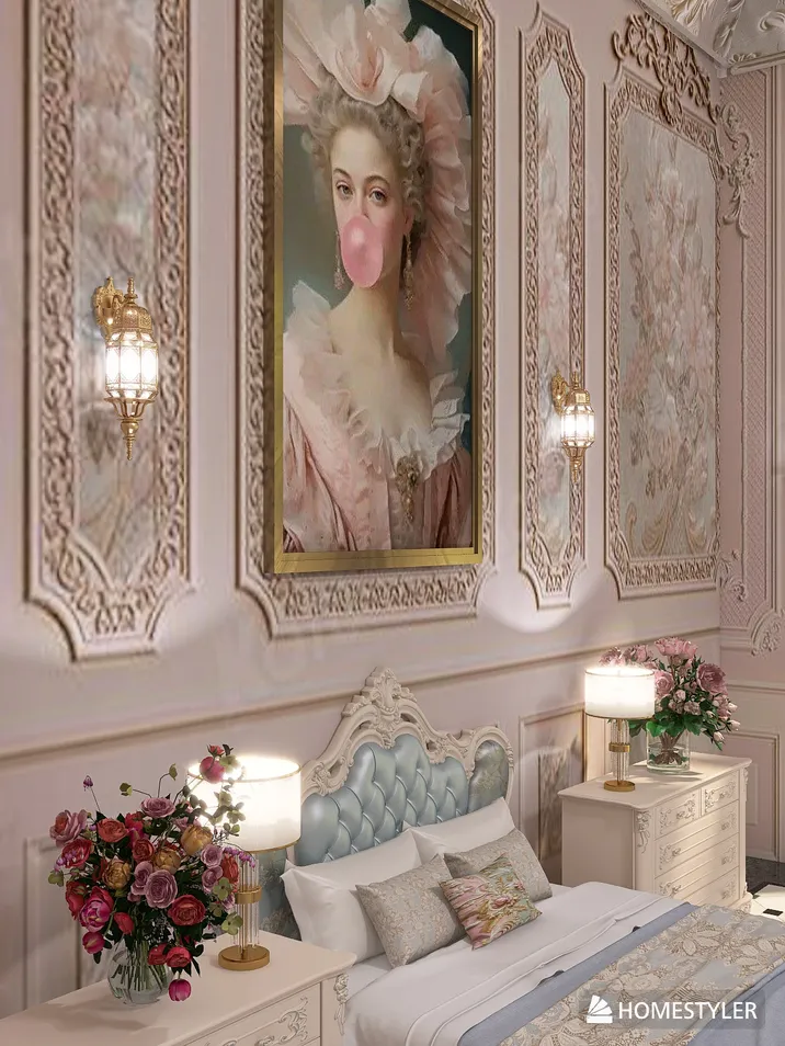 charming bedroom design featuring elegant wall decor with vintage portrait, creating a romantic ambiance, showcasing interior decor trends with Homestyler's real-time 3D rendering.