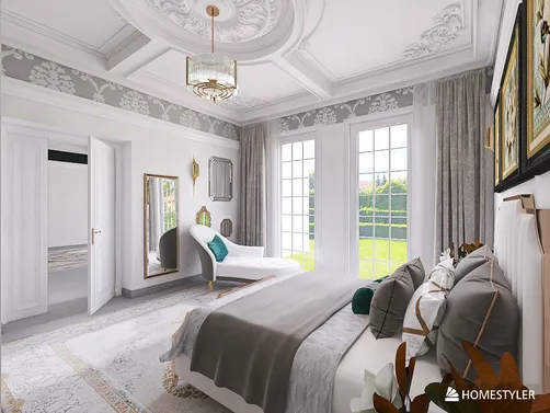 A modern bedroom featuring an elegant bed arrangement, showcasing a contemporary design style, with emphasis on spatial utilization for comfort. Utilizing Homestyler's real-time 3D rendering for enhanced visualization.