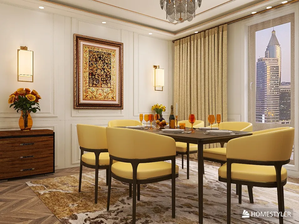 yellow dining chairs around a wooden table arranged for dining in a modern style, showcasing an elegant dining room interior design with a focus on comfort and beauty, featuring Homestyler's real-time 3D rendering capabilities.