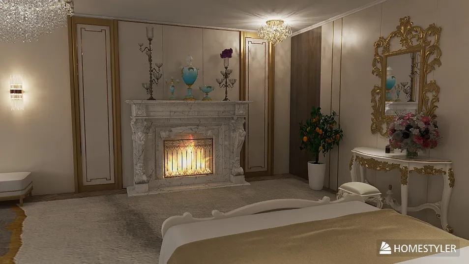 luxurious bedroom interior featuring a marble fireplace and elegant decor, showcasing classic style and aesthetic value, utilizing Homestyler's real-time 3D rendering for design previews.