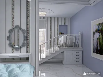 elegant staircase design featuring ornate railings and striped wallpaper in a modern interior, showcasing a cozy entryway with a large mirror and subtle color palette, using Homestyler's real-time 3D rendering feature for effective visualization.