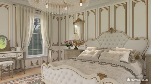 luxurious bedroom with ornate furniture and elegant decor showcasing a classic design style for interior decoration, featuring Homestyler's real-time 3D rendering capabilities.
