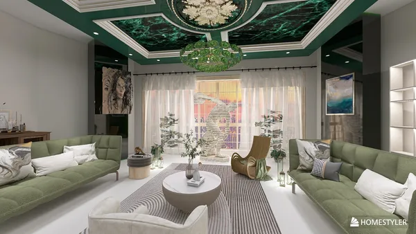 modern living room with green sofas and decorative elements featuring a unique ceiling design, showcasing a stylish interior decor concept optimized using Homestyler's real-time 3D rendering functionality.