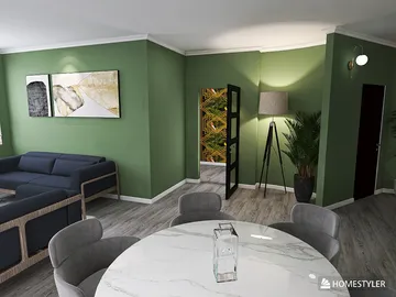 A modern living room featuring a green accent wall and stylish furniture arrangement in a contemporary style, showcasing the interior decor design capabilities of Homestyler with real-time 3D rendering for design previews.