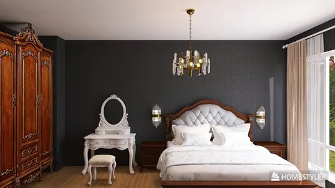 Elegant bedroom with vintage wooden furniture, showcasing a luxurious design style, providing a cozy and sophisticated space; featuring Homestyler's real-time 3D rendering functionality.