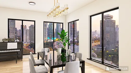 modern dining room featuring a glass dining table with elegant seating, decorated with large windows showcasing a city skyline, utilizing Homestyler's real-time 3D rendering for realistic design preview.
