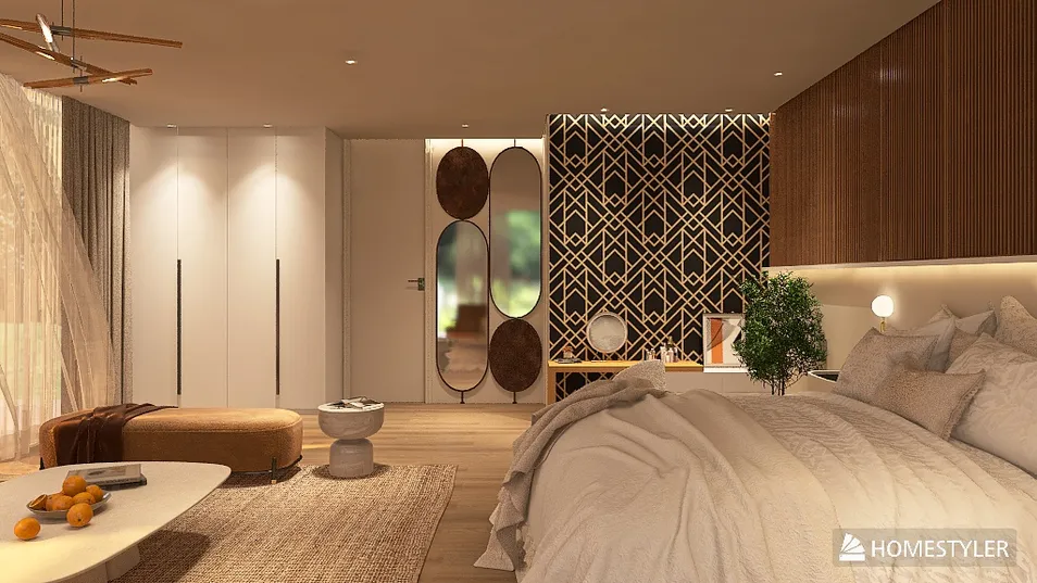 modern bedroom interior design featuring a cozy layout with stylish furniture, utilizing Homestyler's real-time 3D rendering for accurate visualization.