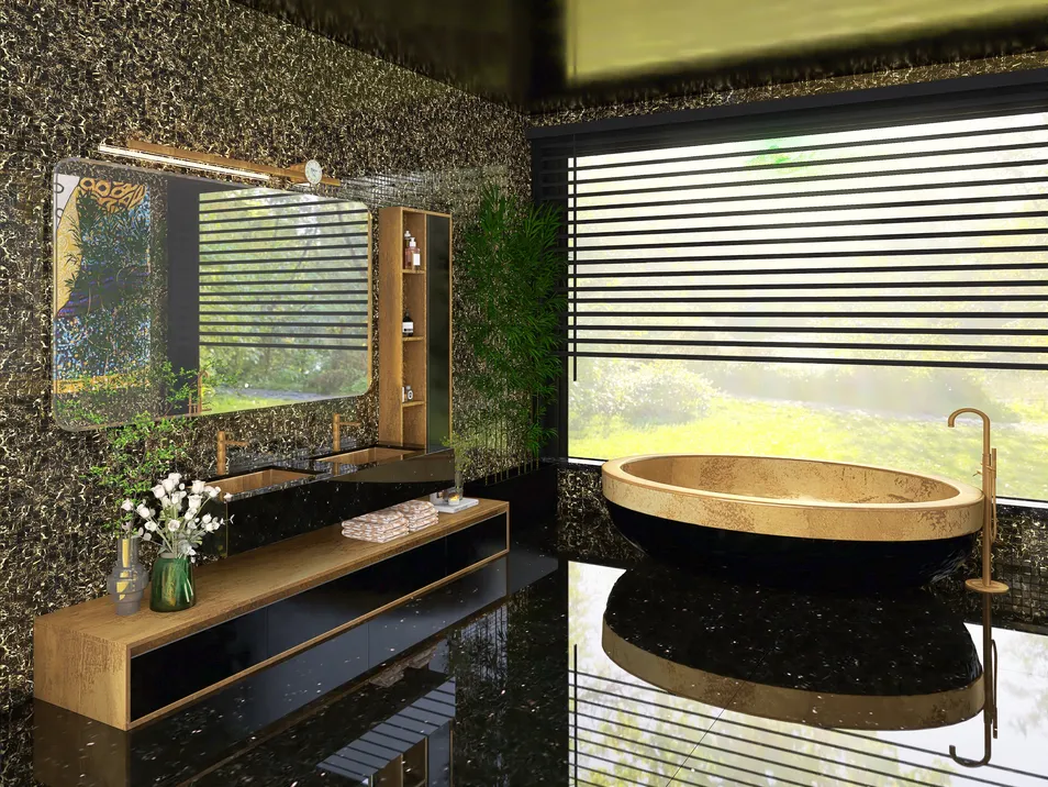 luxurious bathroom with a freestanding bathtub and modern vanity showcasing a natural stone style emphasizing relaxation and elegance, featuring Homestyler's real-time 3D rendering for an accurate design preview