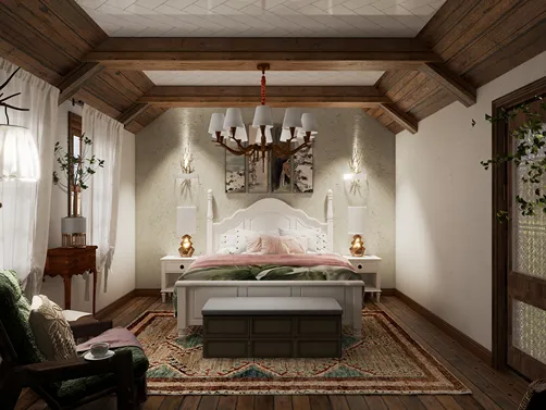 Cozy bedroom layout featuring a white bed with a plush pink blanket, rustic wooden ceiling beams, and elegant decor elements, designed using Homestyler's real-time 3D rendering for an inviting interior design.