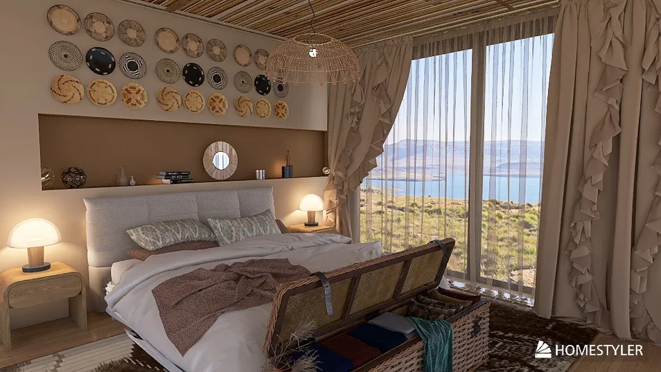 cozy bedroom featuring a serene view and rustic decor, designed using Homestyler's real-time 3D rendering to create a calming atmosphere for relaxation.