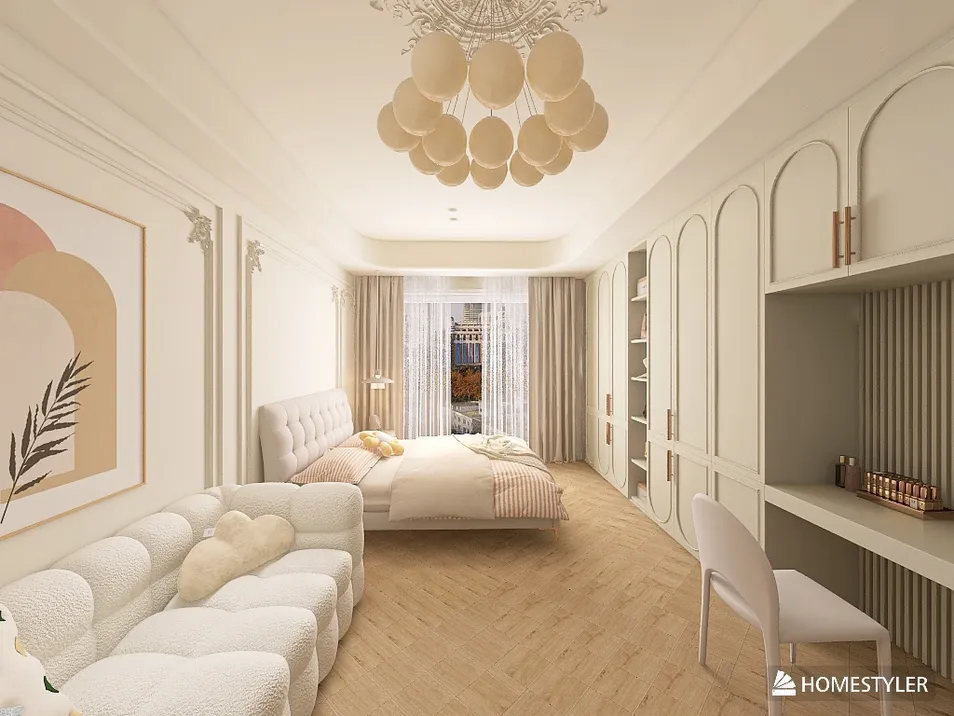 modern bedroom design featuring a cozy sofa and elegant bed arrangement in a minimalist style, showcasing interior decor optimization using Homestyler's real-time 3D rendering feature.