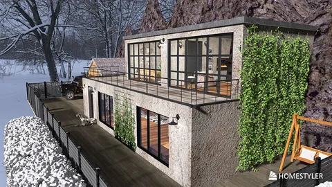 modern house exterior design showcasing a snowy landscape with greenery, featuring outdoor space and large windows for natural light, using Homestyler's real-time 3D rendering for enhanced architectural visualization.