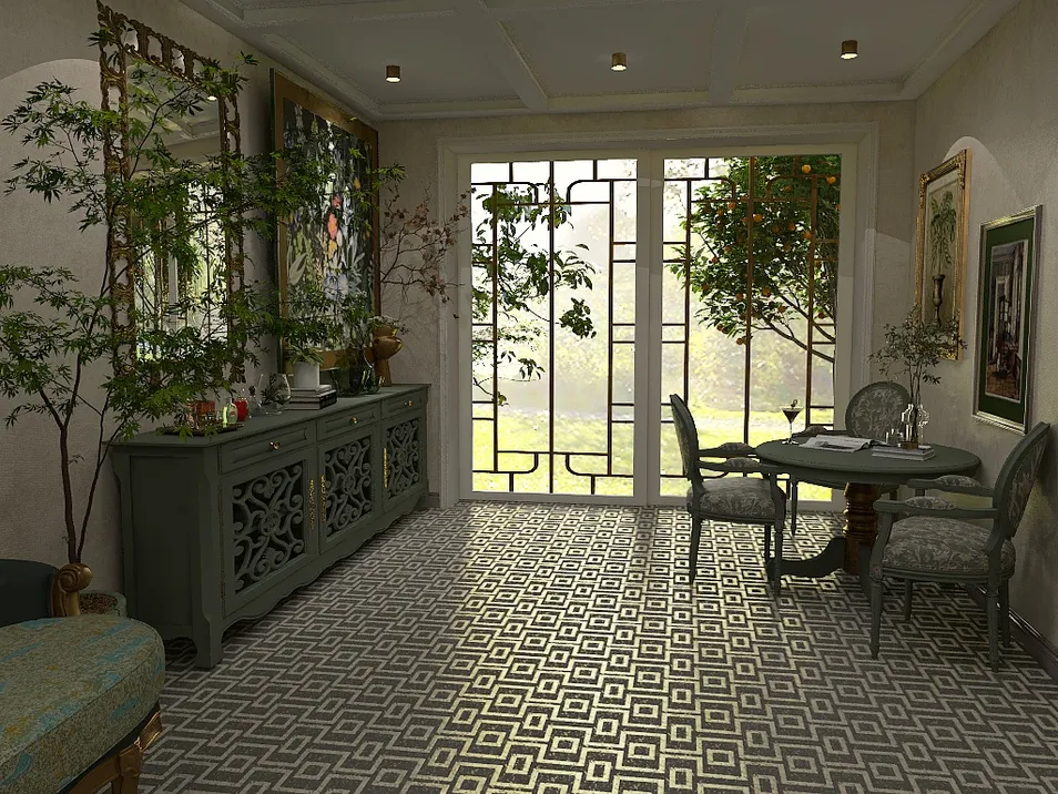 interior space with patterned flooring and greenery arranging a dining area in a contemporary style showcasing smart furniture layout feature of Homestyler