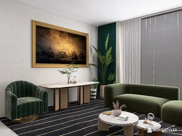 modern living room showcasing furniture arrangement with stylish green sofa and armchair, featuring elegant artwork and decorative plants, designed using Homestyler's real-time 3D rendering feature.