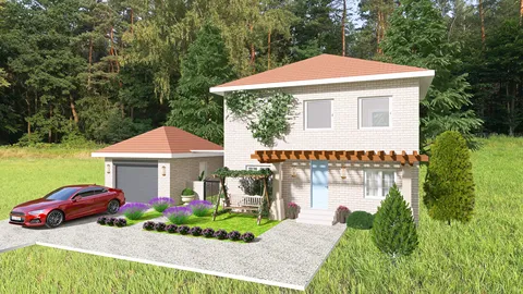 3D model of a modern house with a garage, showcasing a landscaped front yard and parked car, designed using Homestyler for exterior visualization.