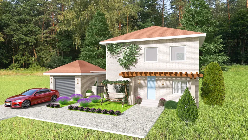 3D model of a modern house with a garage, showcasing a landscaped front yard and parked car, designed using Homestyler for exterior visualization.