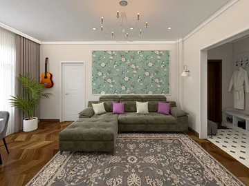 living room with sectional sofa arrangement and floral wall art in modern style, showcasing interior decor optimization using Homestyler's real-time 3D rendering feature.
