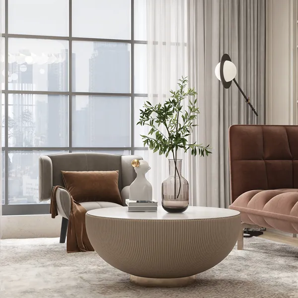 living room furniture arrangement featuring a round coffee table and a modern armchair in a contemporary style, showcasing interior decor optimization with Homestyler's real-time 3D rendering.