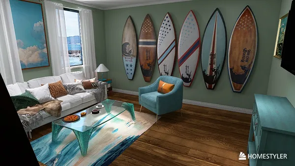A cozy living room featuring surfboard wall art, designed with a beach-inspired theme, showcasing an interior decor style that emphasizes coastal elements. This image utilizes Homestyler's real-time 3D rendering for an accurate visualization of the space.