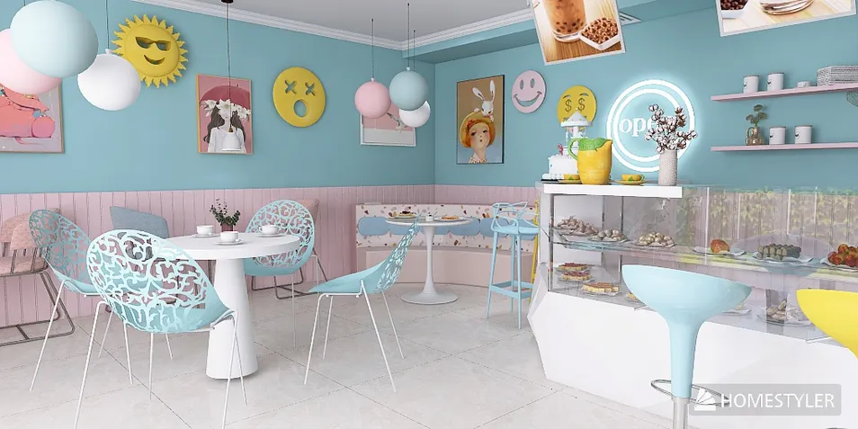 colorful cafe interior featuring seating arrangements and dessert display with a playful, retro style, ideal for interior decor inspiration, showcasing Homestyler's real-time 3D rendering capability.