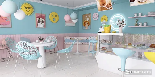 colorful cafe interior featuring seating arrangements and dessert display with a playful, retro style, ideal for interior decor inspiration, showcasing Homestyler's real-time 3D rendering capability.