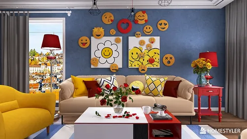 A cheerful living room featuring a vibrant yellow sofa and playful wall decor of smiley emojis, designed with a modern and eclectic style, showcasing the interior design capability of Homestyler for creating an inviting atmosphere.