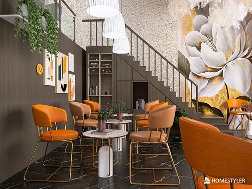 modern seating arrangement with stylish chairs and tables in a chic interior design space showcasing a floral mural and optimized for comfort and aesthetics using Homestyler's real-time 3D rendering feature