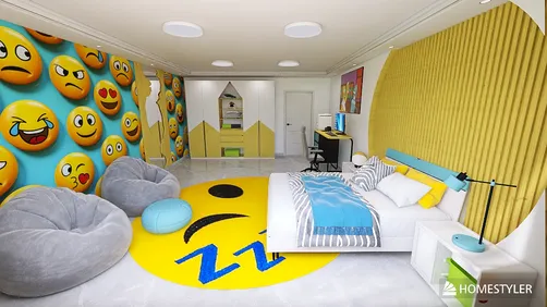 A playful children's bedroom featuring a vibrant emoji mural and soft bean bags, designed with a modern aesthetic for optimal comfort and creativity, utilizing Homestyler's real-time 3D rendering feature.