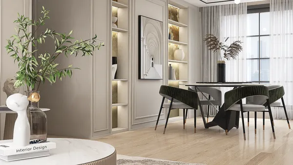 chic dining area with elegant table setting showcasing modern style and optimizing space value with smart furniture arrangement using Homestyler's real-time 3D rendering feature.