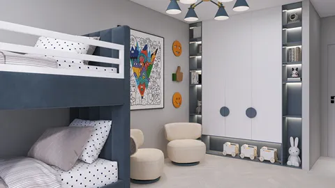 bunk beds designed for a children's room with playful decor and organized storage featuring modern style, showcasing an interior decor layout optimized using Homestyler's real-time 3D rendering feature.