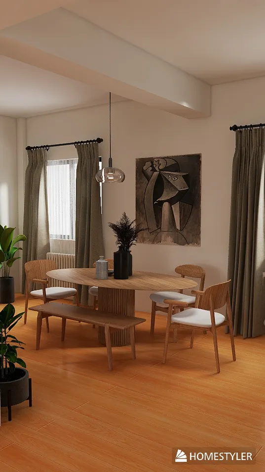 Dining area featuring a wooden table setup with minimalist chairs, showcasing modern interior design elements, optimized for space efficiency using Homestyler's real-time 3D rendering feature.