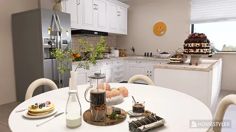 modern kitchen featuring a white cabinetry design with a dining table set for breakfast, showcasing a cozy and inviting atmosphere, utilizing Homestyler's real-time 3D rendering for an accurate preview.