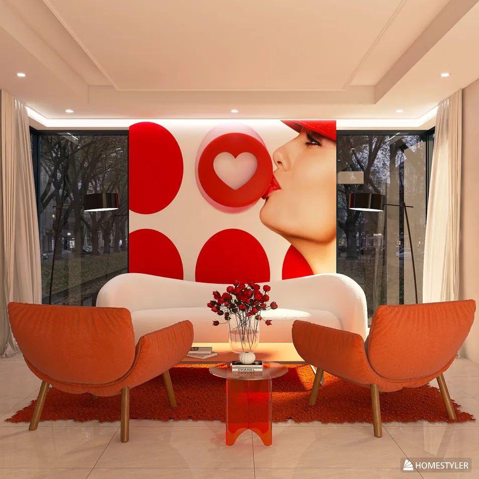 modern living room featuring artistic wall design with bold colors and patterns, showcasing a vibrant and playful aesthetic, optimized for space utilization with Homestyler's smart furniture arrangement feature.