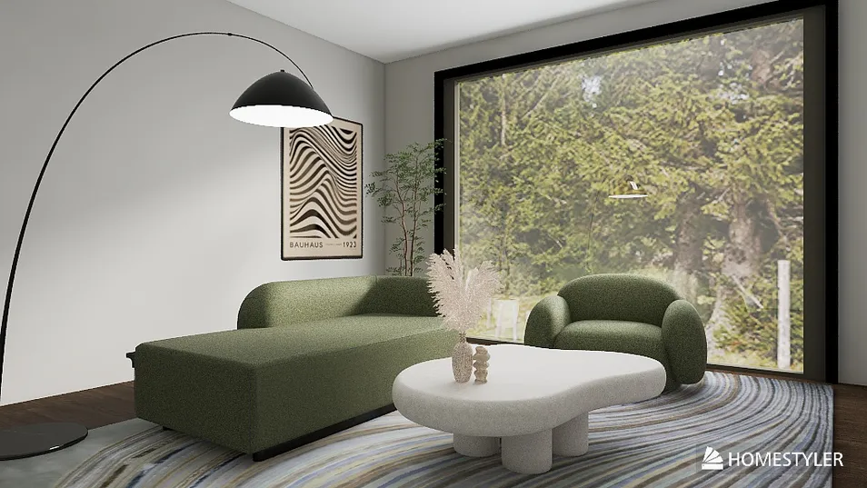 Modern living room featuring a green sectional sofa and a sculptural coffee table, designed in a contemporary minimalistic style, showcasing interior decor optimization with Homestyler's real-time 3D rendering feature.