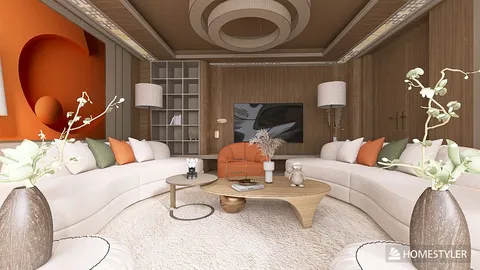 Modern living room featuring a circular sofa arrangement, showcasing smart furniture layout, harmonious warm tones, and a cozy space value, enhanced by Homestyler's real-time 3D rendering.