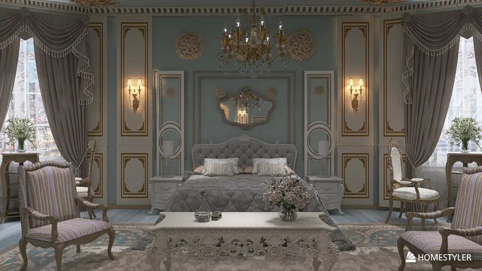 luxurious bedroom design featuring ornate furniture and elegant decor styled in classic design aesthetics, showcasing Homestyler's real-time 3D rendering for interior visualization.