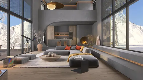 modern living room with cozy seating arrangement and large windows showcasing a winter landscape, designed to optimize space in a contemporary style using Homestyler's real-time 3D rendering feature