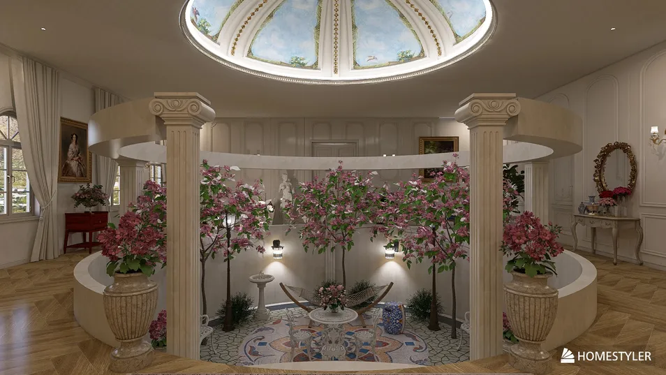luxurious indoor garden design creating a serene atmosphere with floral arrangements in a classic style using Homestyler's real-time 3D rendering feature