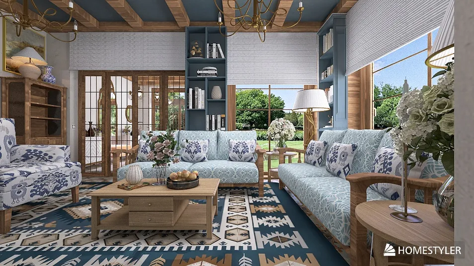 cozy living room arrangement featuring patterned sofas and wooden decor in a rustic style, showcasing beautiful interior design with Homestyler's real-time 3D rendering feature.