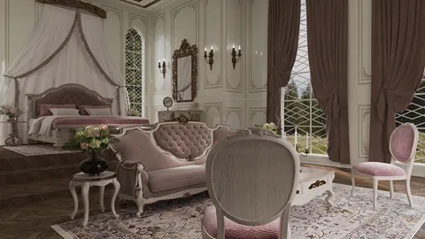 Elegant bedroom design with a luxurious bed, vintage furniture arrangement, classic style, showcasing an opulent interior decor theme; featuring Homestyler's real-time 3D rendering for instant design visualization.