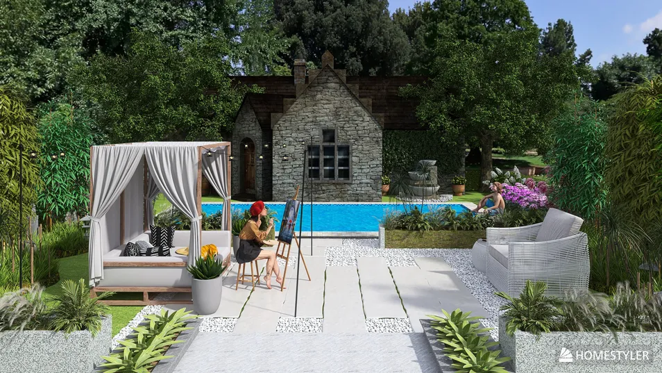 outdoor pool area with a stone house, showcasing a landscape design in a modern style, ideal for creating serene outdoor spaces with Homestyler's 3D rendering feature.