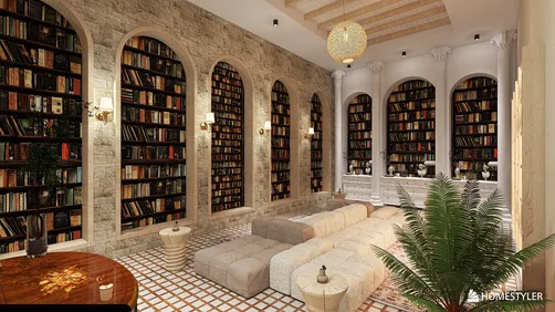 cozy library space with comfortable seating and extensive bookshelves showcasing a modern classic design; interior decor featuring Homestyler's real-time 3D rendering for effective design previews.