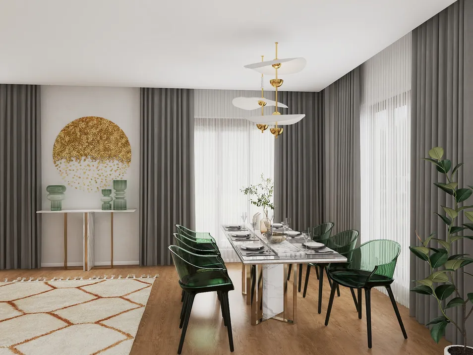 Dining room with a modern table setup featuring green chairs and elegant decor, showcasing a contemporary design style. This image illustrates Homestyler's capability for real-time 3D rendering.