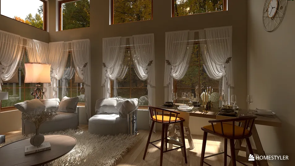 Cozy living room furnishing with elegant curtains and modern dining setup in a contemporary style, enhancing the warm ambiance of the space using Homestyler's real-time 3D rendering feature.