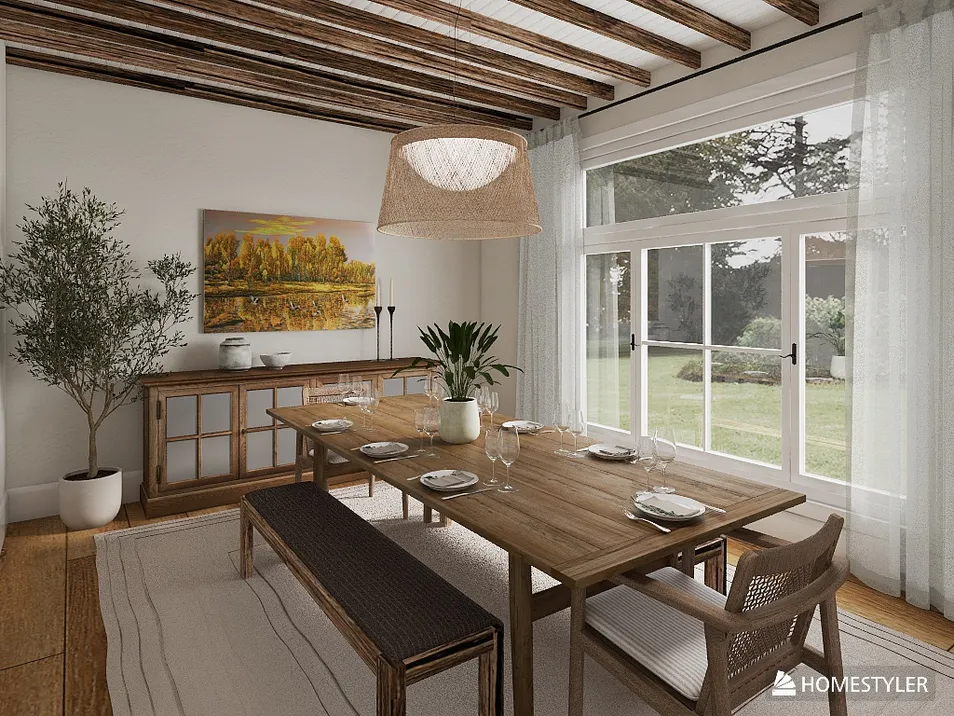 dining room with wooden table setting featuring elegant tableware and a large window showcasing outdoor scenery, designed in a rustic style, utilizing Homestyler's real-time 3D rendering feature.